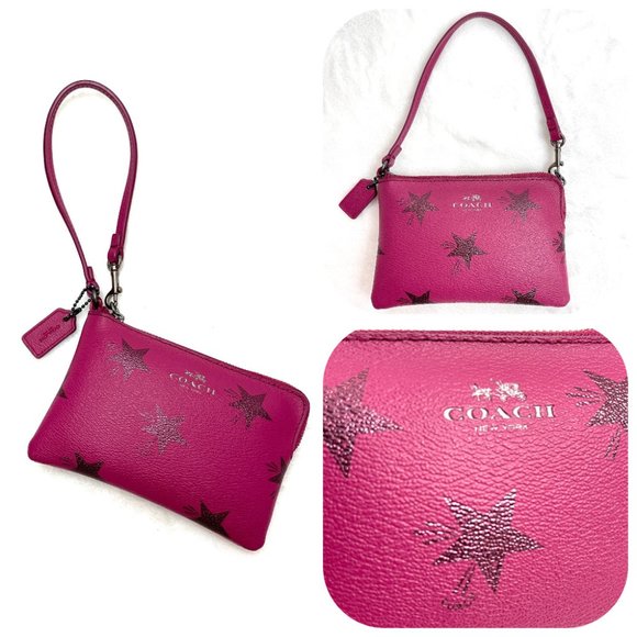 COACH Corner Zip Leather Wristlet in Cranberry Star Canyon Print F64239 - Picture 1 of 12